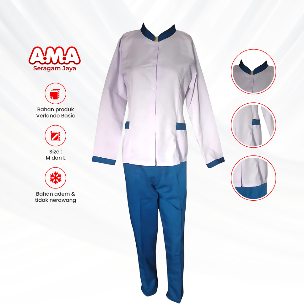 Baju Perawat Wanita Putih Kancing Depan Seragam Oka Jaga Dinas Medis Lengan Panjang Size M L