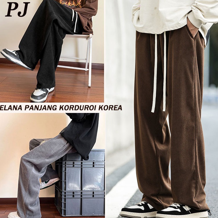 KODE J6U celana corduroy pria jumbo corduroy Pants celana oversize pria abuabu celana panjang pria k