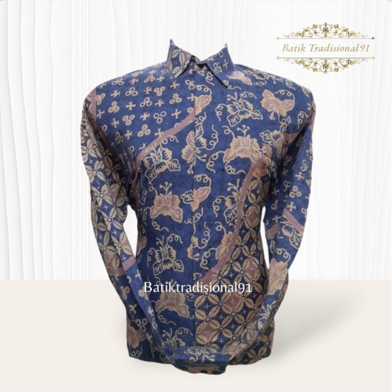 Batik Pria Lengan Panjang Dobby ATBM trusmi Cap Cirebon Biru ungu