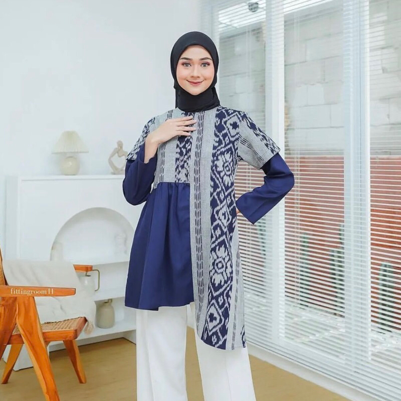 Tunik Tenun Etnik Kombinasi Polos Hijab Busui Frendly Model Terbaru Tunik Kerja Tenun Premium