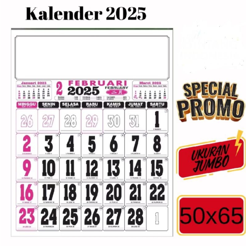 

Kalender Kerja Dinding Ukuran Jumbo Tahun 2025 (50×64cm) Kertas Hvs 80 gsm - Kantor