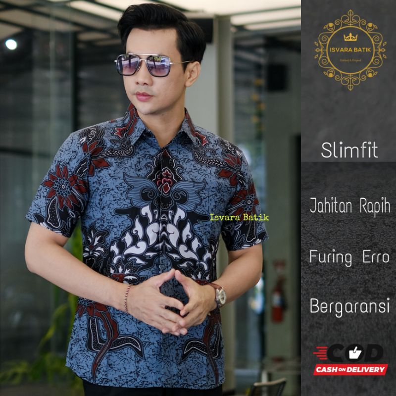 ARGANI ICE BLUE Kemeja batik slim fit lengan pendek pria terbaru hem batik lengan pendek pria bahan 