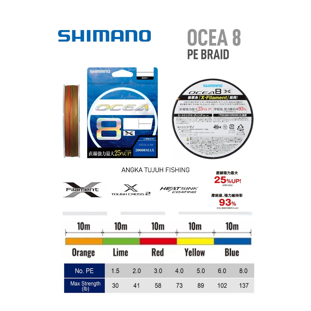 Shimano Ocea 8 PE Braid Multi Color 300m 400m Line Senar Pancing