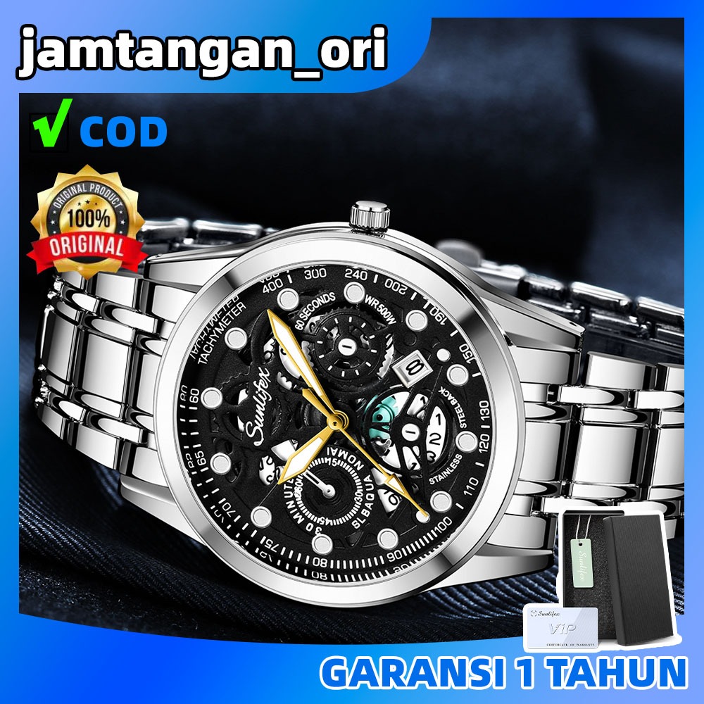 Sunlifex Jam Tangan Pria Anti Air Original Kuarsa Luminous Tali Stainless Steel Jam Tangan Cowok Fre