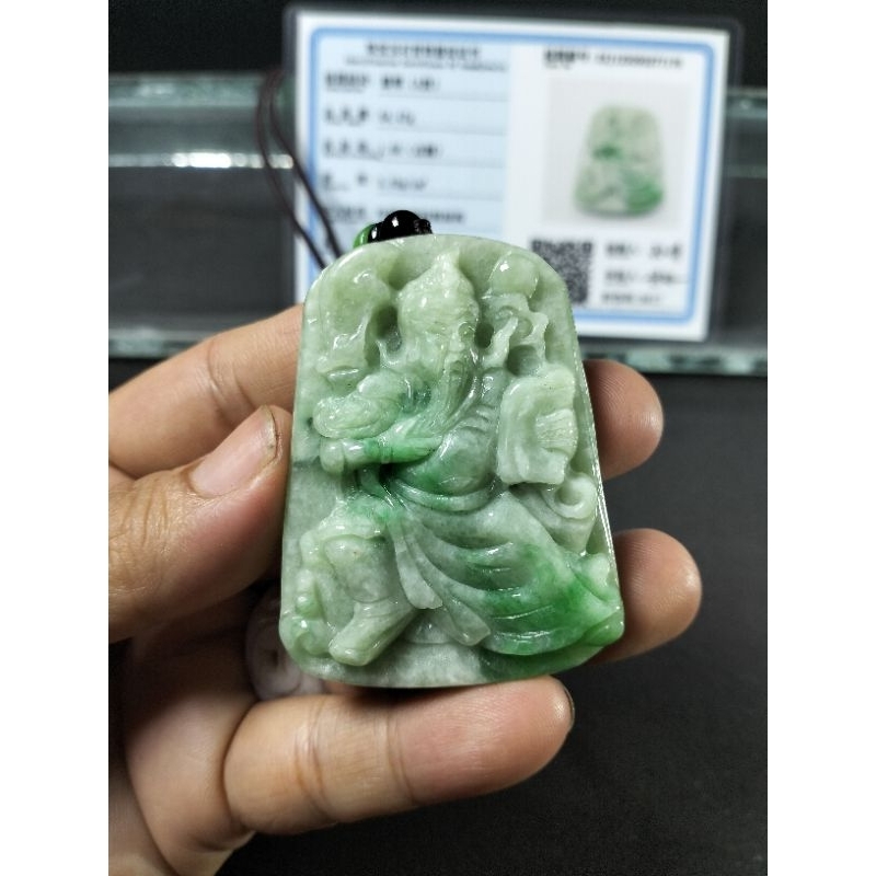 LIONTIN BATU GIOK ASLI BURMA NATURAL JADEITE JADE UKIRAN KWAN KONG DUDUK 7176