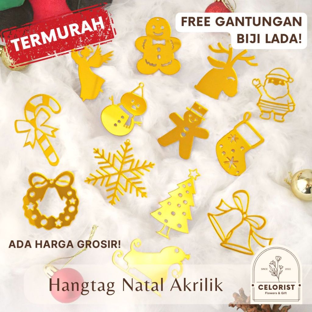 Hang Tag Acrylic Natal/ Gantungan Akrilik Christmas Hampers/ Tag Acrylic Mirror Gold / Hangtag Gantu
