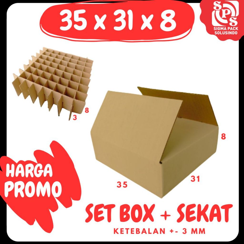 

Set Box 35x31x8 + Sekat 72 @3x3x8 Box Dus Packing Kotak Kardus Kemasan Karton