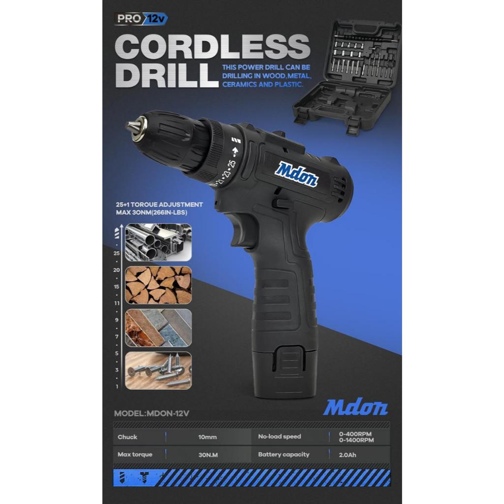 MDON BIRU 12V SET Bor Obeng Bor 2 Baterai 12 Volt Charger Cordless Drill Charging Kayu Besi