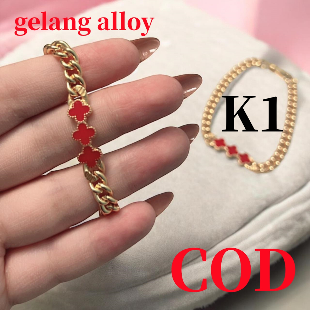 Gelang Benang Paduan Gelang Emas Bunga Tembaga Mode Baru Gelang Empat Daun Zirkon Warna-Warni