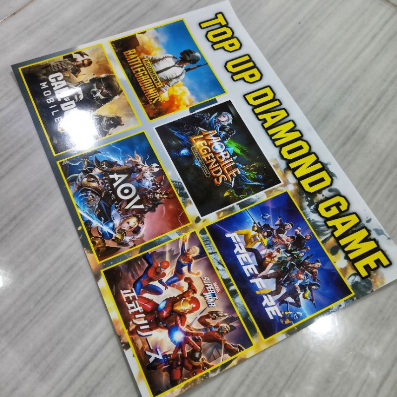 

stiker TOP UP DIAMOND GAME ukuran 20x28cm Bahan vinyl sudah di Laminasi dingin