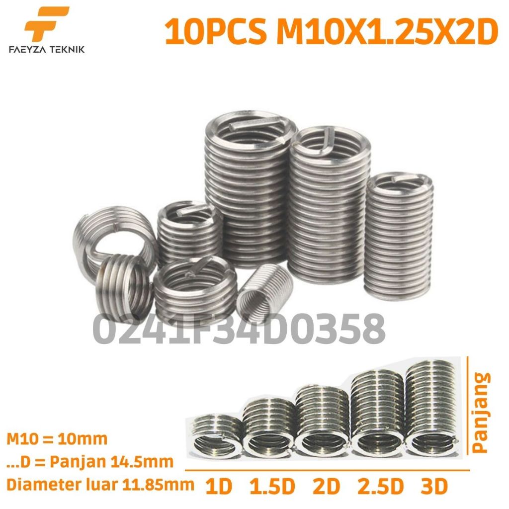 1080 10Pcs Recoil Helicoil M10x1.25 2D Pas Untuk Reparasi Baut Kunci 14 Otomotif