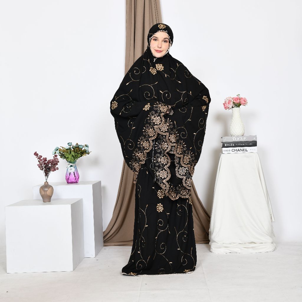 Threelook - Mukena Bordir Gracella Bahan Katun Premium Ukuran Jumbo Renda Mewah