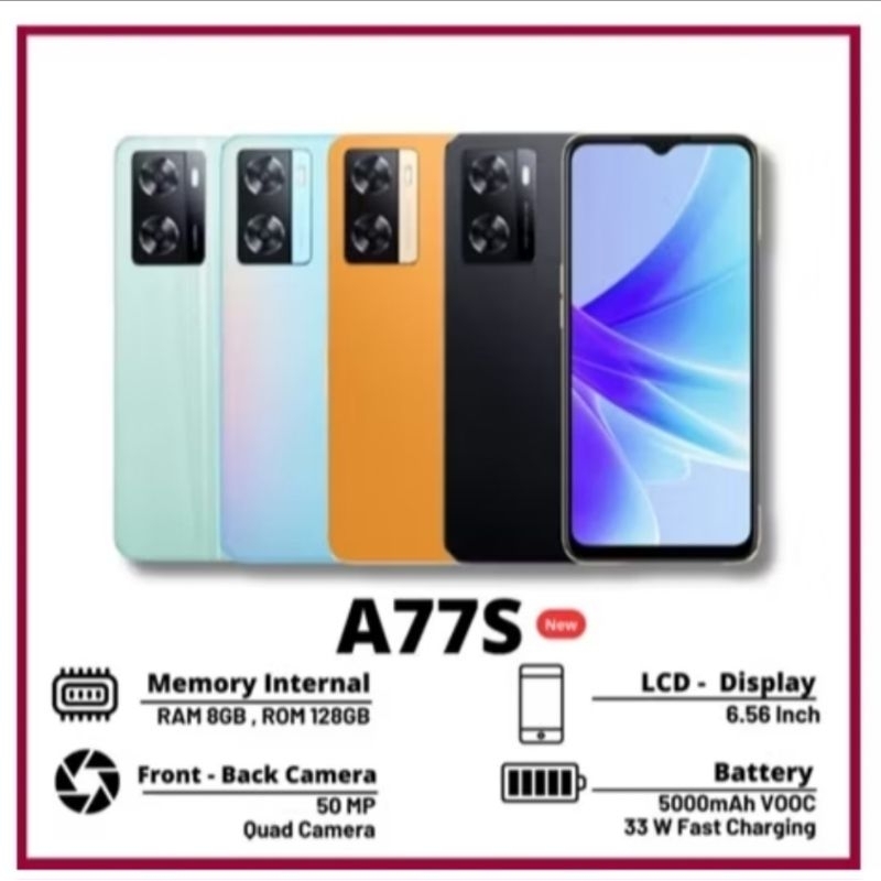0Handphone Smartphone Hp Oppo A77S 4G 8/128 GB Smartphone New Series 2022  Garansi 1 Years