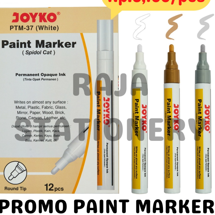 Langka JOYKO PERMANENT PAINT MARKER WHITE GOLD SIER BLACK SPIDOL KACA CAT PUTIH EMAS ABU HITAM 12PCS