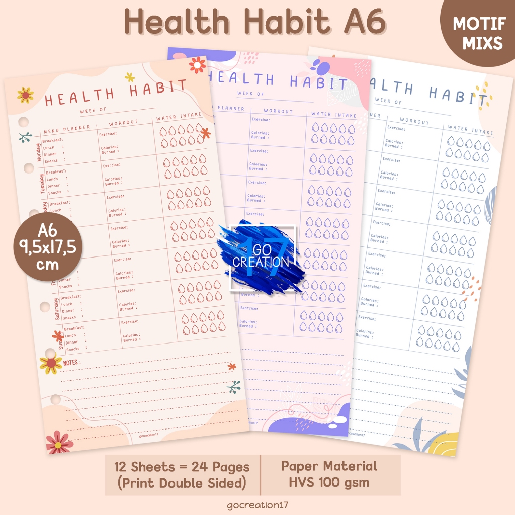 

Buku Planner Refill Kertas Binder Health Habit Motif Premium A6