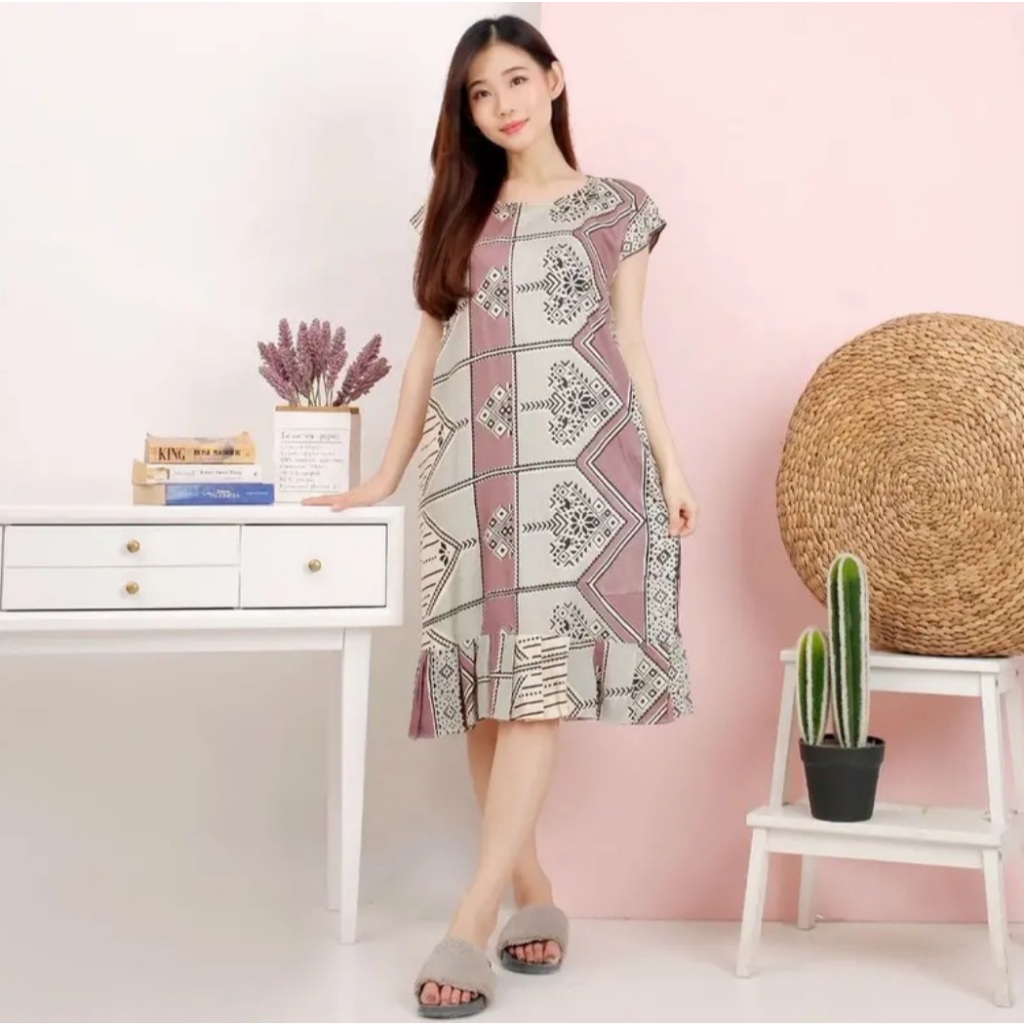 MURAH MERIAH MIDI DRESS LENGAN PENDEK RUFFLE MOTIF RANDOM PAKAIAN WANITA KEKINIAN