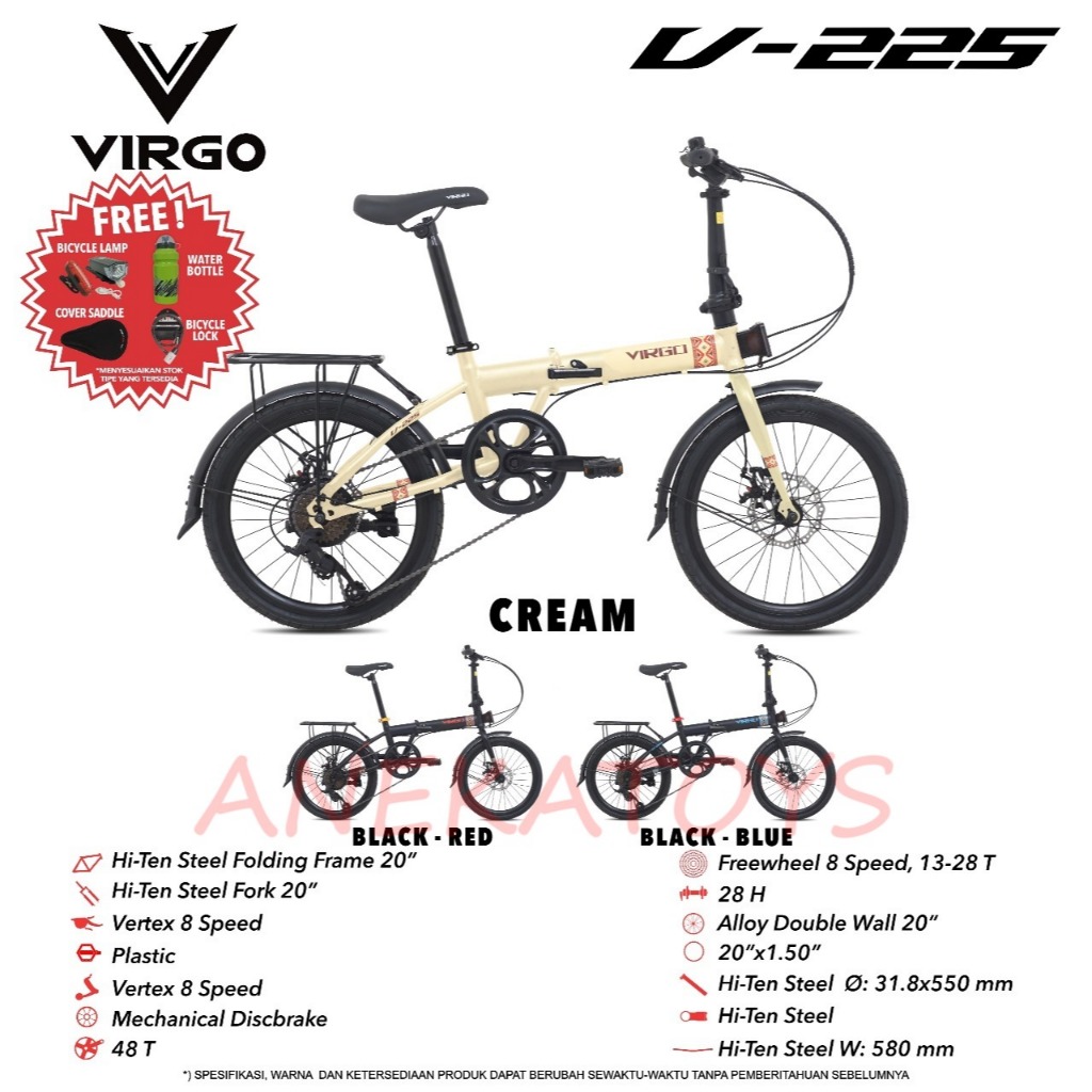 Sepeda Lipat Remaja Dewasa Virgo V225 Ban 20x1.50 Inch Hi Ten Steel Vertex 8 Speed