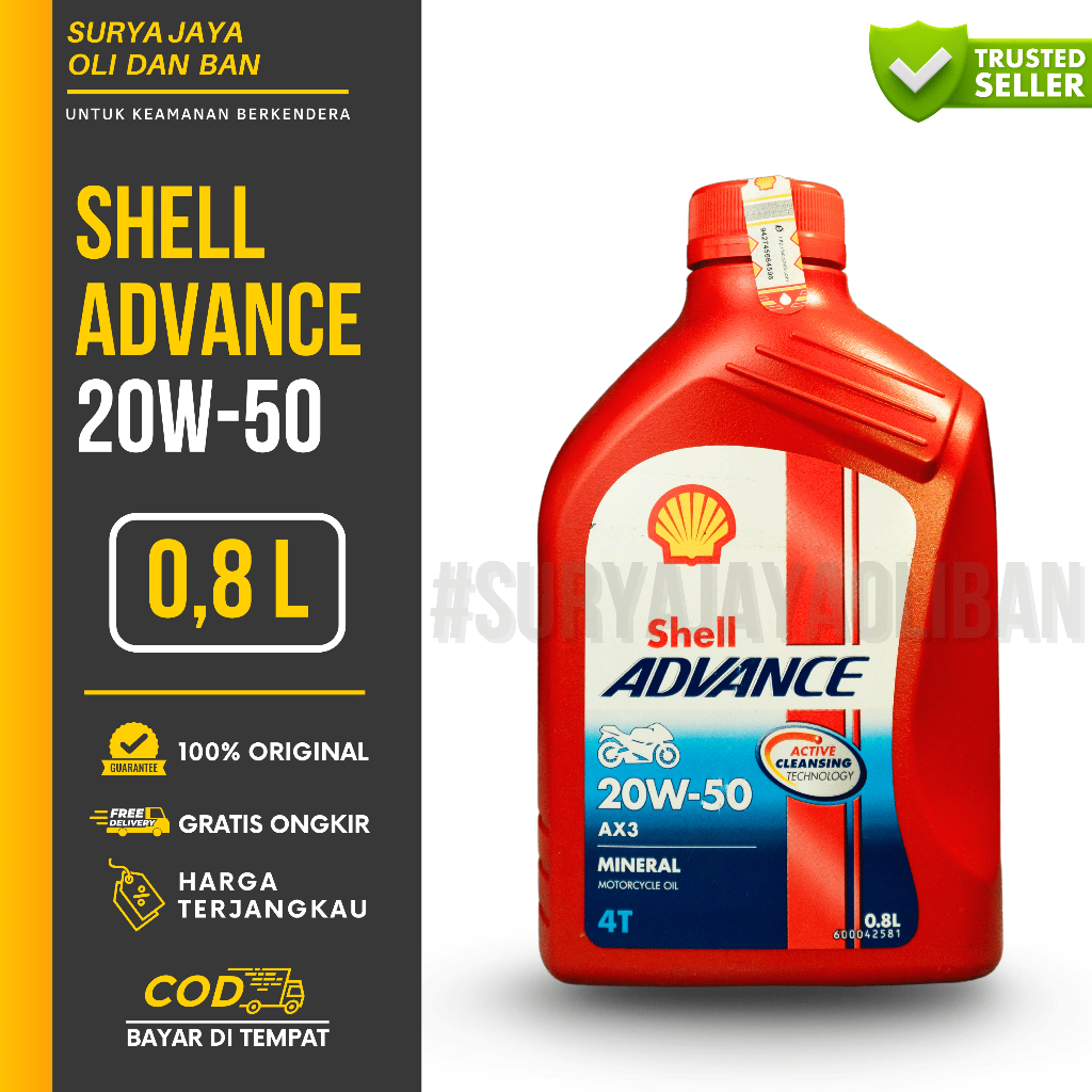 OLI MOTOR SHELL ADVANCE AX3 20W/50 0.8L 100% ORIGINAL MOTOR BEBEK 4T SUPRA