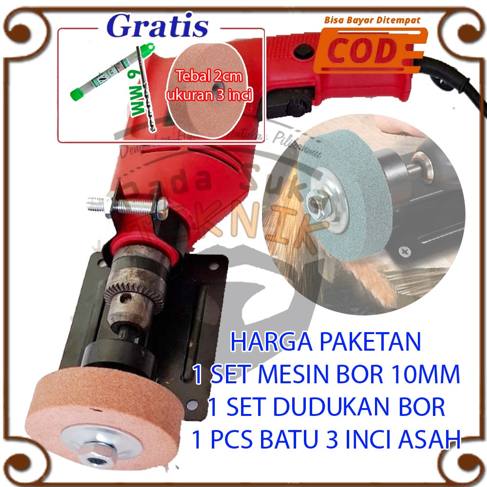 paket 3 in 1 mesin bor 10mm batu asah akik pisau poles alat putar roda dudukan gerinda besi logam