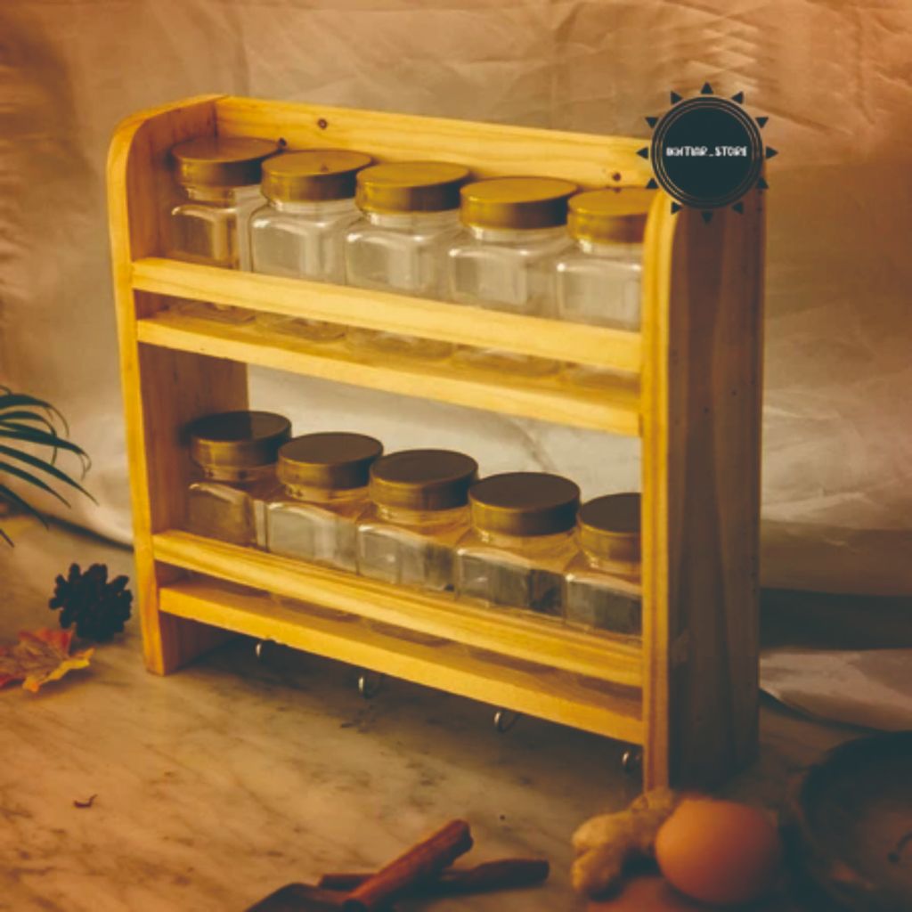Rak Bumbu Kayu 2 Susun Gantung Set Kapstok Pengait Alat Dapur Tempat Penyimpanan Toples Bumbu Dapur