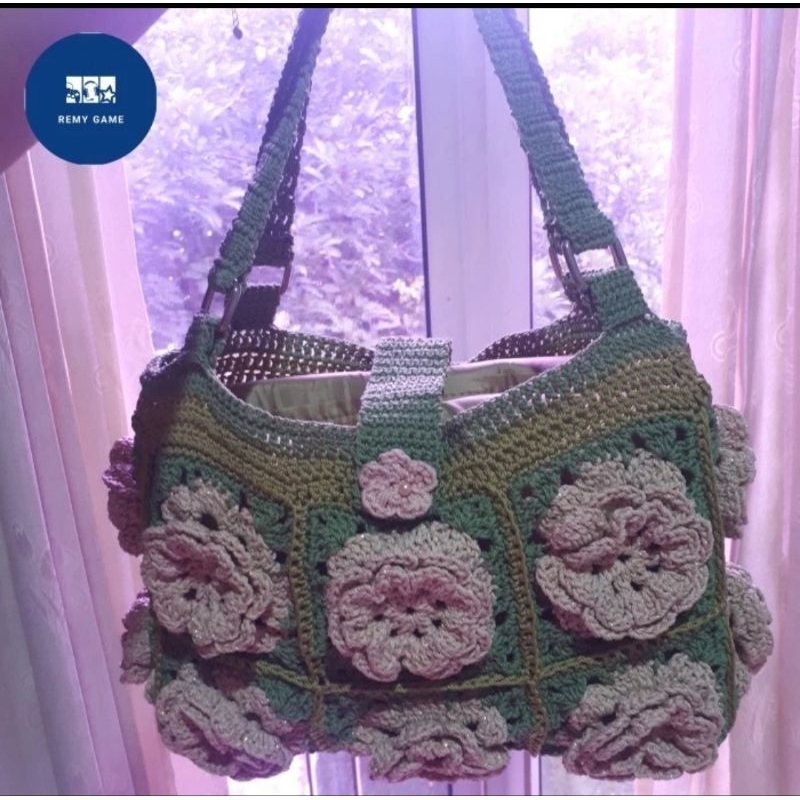 tas rajut wanita hand bag flower gold handmade