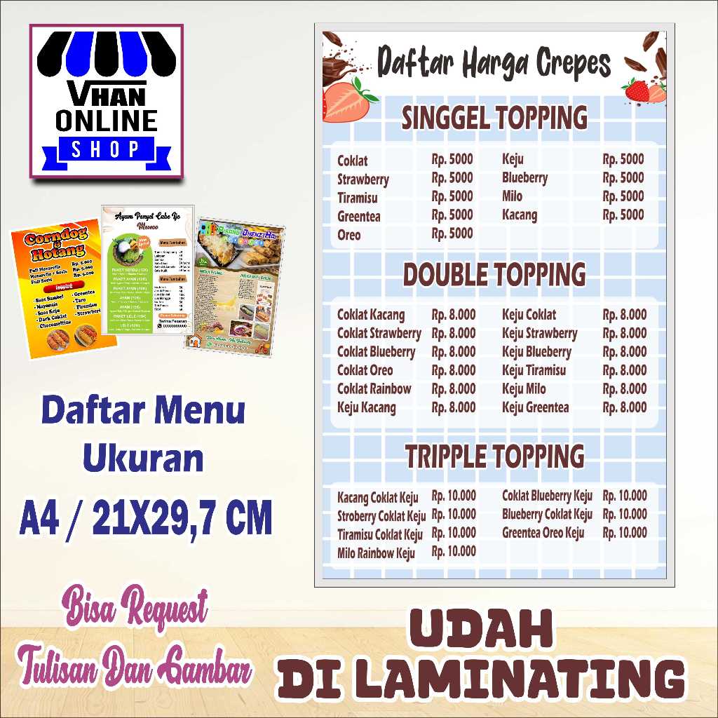 

Cetak Daftar Menu Bahan Kertas Dilaminating Jualan Crepes Atau Jajanan Viral