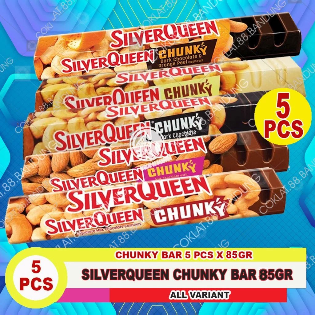 

COKLAT SILVERQUEEN CHUNKY BAR ISI 5 PCS X 85 GR ex 95 gr, SILVERQUEEN CHUNKY BAR 85GR Almond Mede