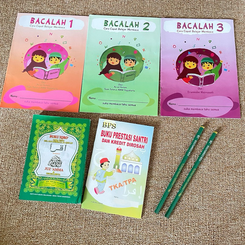 

paket lengkap cara cepat belajar membaca isi bacalah 1,2,3 iqro 1-6 plus juz amma dan buku prestasi santri kredit dirosah Free 2 pensil 2 b