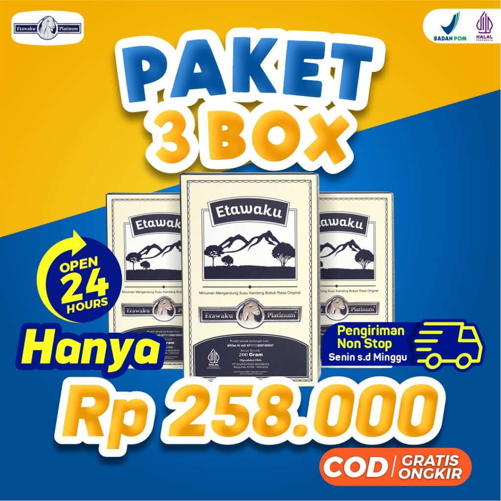 

Paket Bebas Sesak Nafas 3 Box Etawaku Platinum | Etawaku Platinum Susu Kambing Etawa Murni Rendah Gula Bebas Pengawet 3x Lebih Efektif Atasi Masalah Pencernaan Nyeri Sendi & Tulang Pernafasan Jaga Kesehatan Jantung Cegah & Turunkan Diabetes Kolesterol