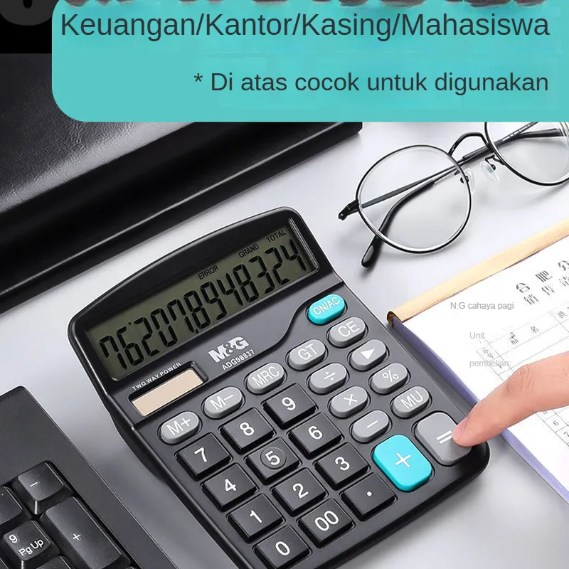 

Kalkulator dual power M&G dengan baterai dan tenaga surya. Tipe klasik untuk meja. Alat penghitung komputer untuk siswa, keuangan, dan kantor