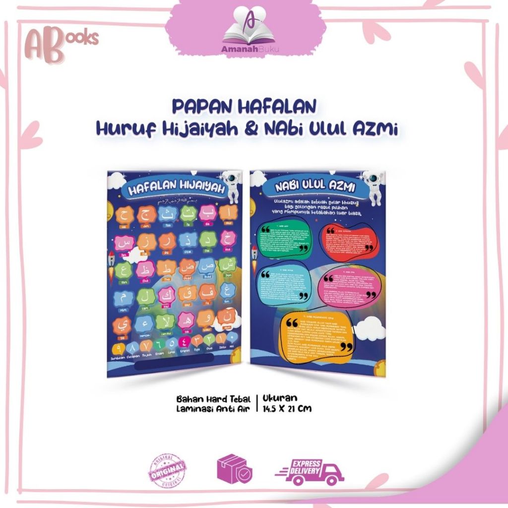

AB//Table Papan Hapalan Custom+Nama Huruf Hijaiyah & Ulul Azmi Bahan Hard Tebal Laminasi Anti Air, Depan Belakang (Biru)