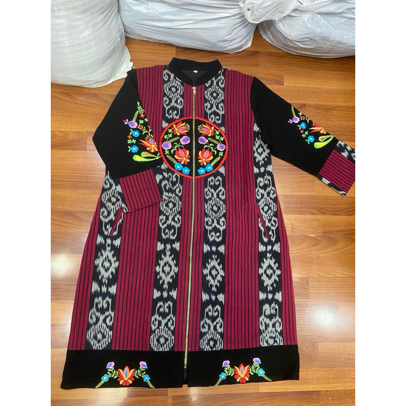 ATASAN DRESS WANITA BATIK BAHAN TENUN LAPISAN FURING TRIKODE GOLDEN COMBINASI JAITAN BORDIR EXCLUSIV