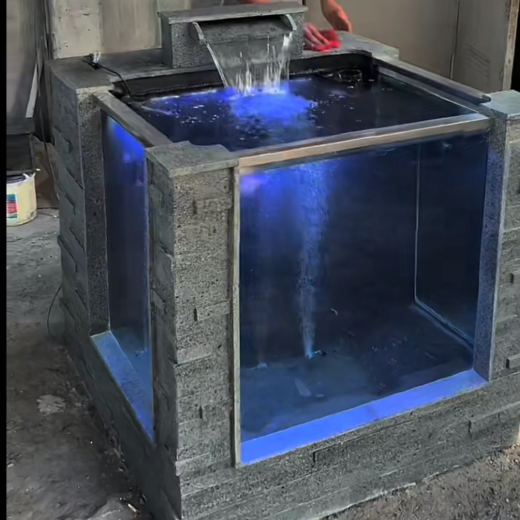 Kolam Ikan Portable Batu Alam Timbul Kaca 3 Sisi