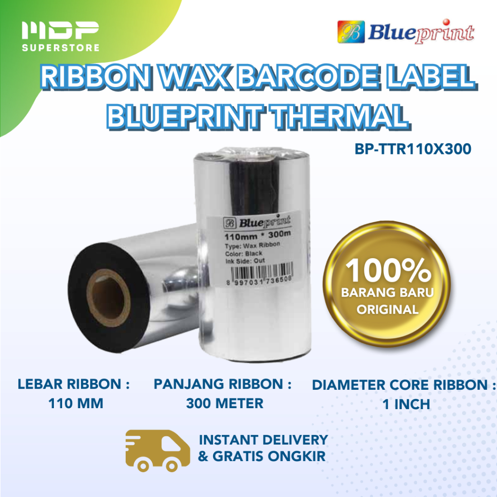

RIBBON WAX BARCODE LABEL 110x300M BLUEPRINT THERMAL TRANSFER RIBBON (BP-TTR110X300)