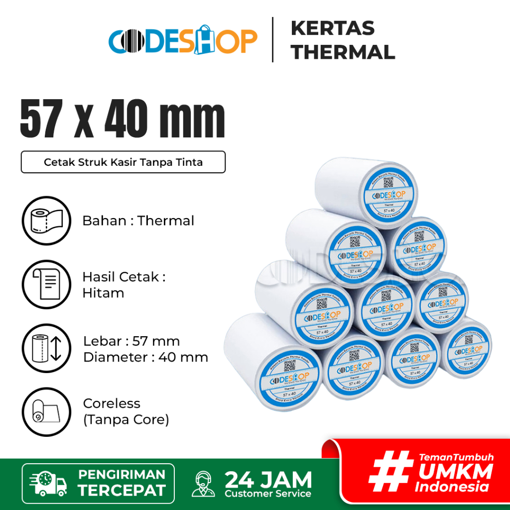 

1 Slop - Kertas Thermal Codeshop 57x40 mm Struk Printer Bluetooth 58mm