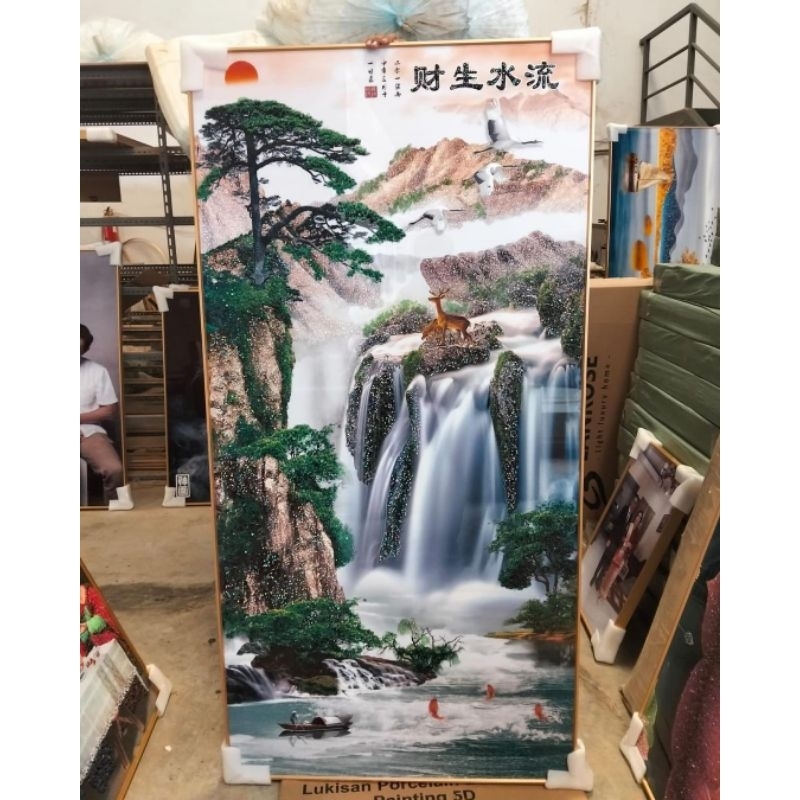 CUSTOM LUKISAN PORCELAIN 5D DIAMOND - GAMBAR MOTIF PEMANDANGAN AIR TERJUN KALIGRAFI CHINA / CINA FEN