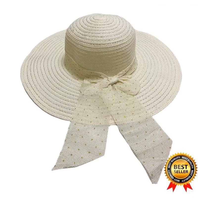 Topi Pantai wanita Dewasa Rajut Pita bintik emas Topi pantai T2 Import