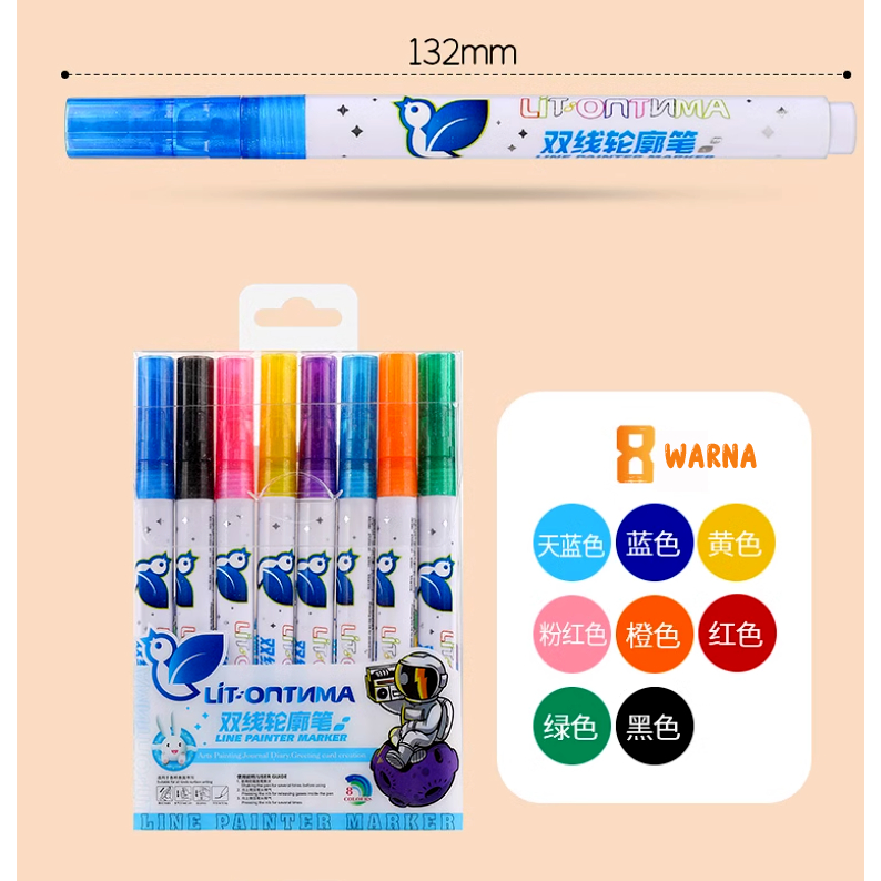 

ROB (15BOX = 1KG) PB 065 SPIDOL MARKER HIAS OUTLINE PAINTER GLITTER GARIS DOUBLELINE PEN 8PC/BOX