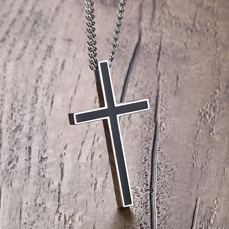 Kalung Salib Hitam Minimalis / Liontin Salib List Silver Pria Cowok Laki Laki Wanita Cewek Keren Uni