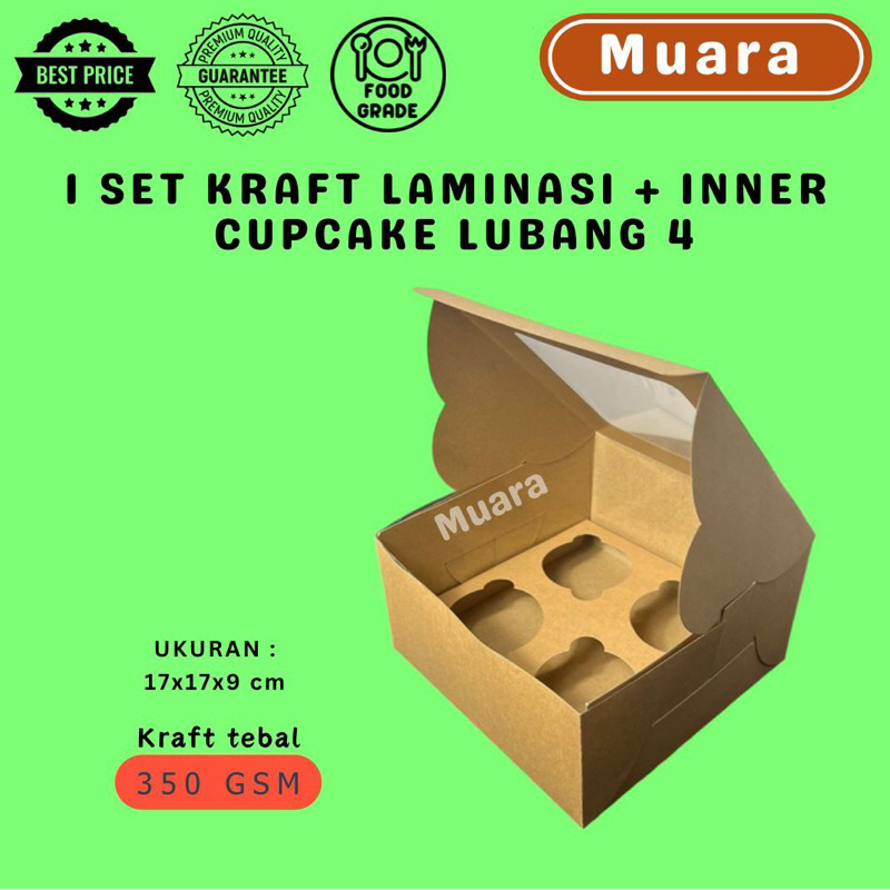 

Dos Kraft Laminasi Cupcake Lubang 4 dan 6 / Kotak Box Kraft Cupcake Pudding Muffin (1 set + inner cupcake)