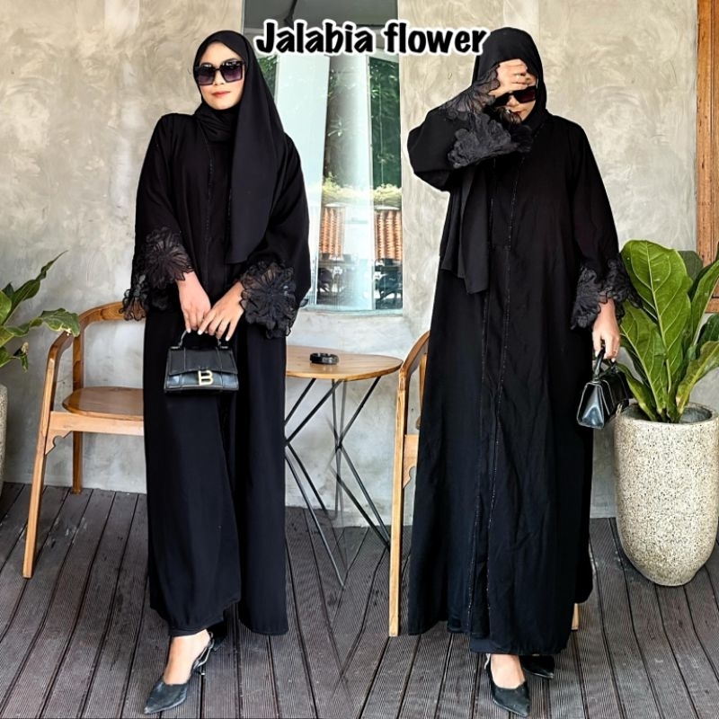 ABAYA JALABIA FLOWER/ABAYA BORDIR/ABAYA SIMPLE ELEGANT/GAMIS HITAM MUSLIMAH