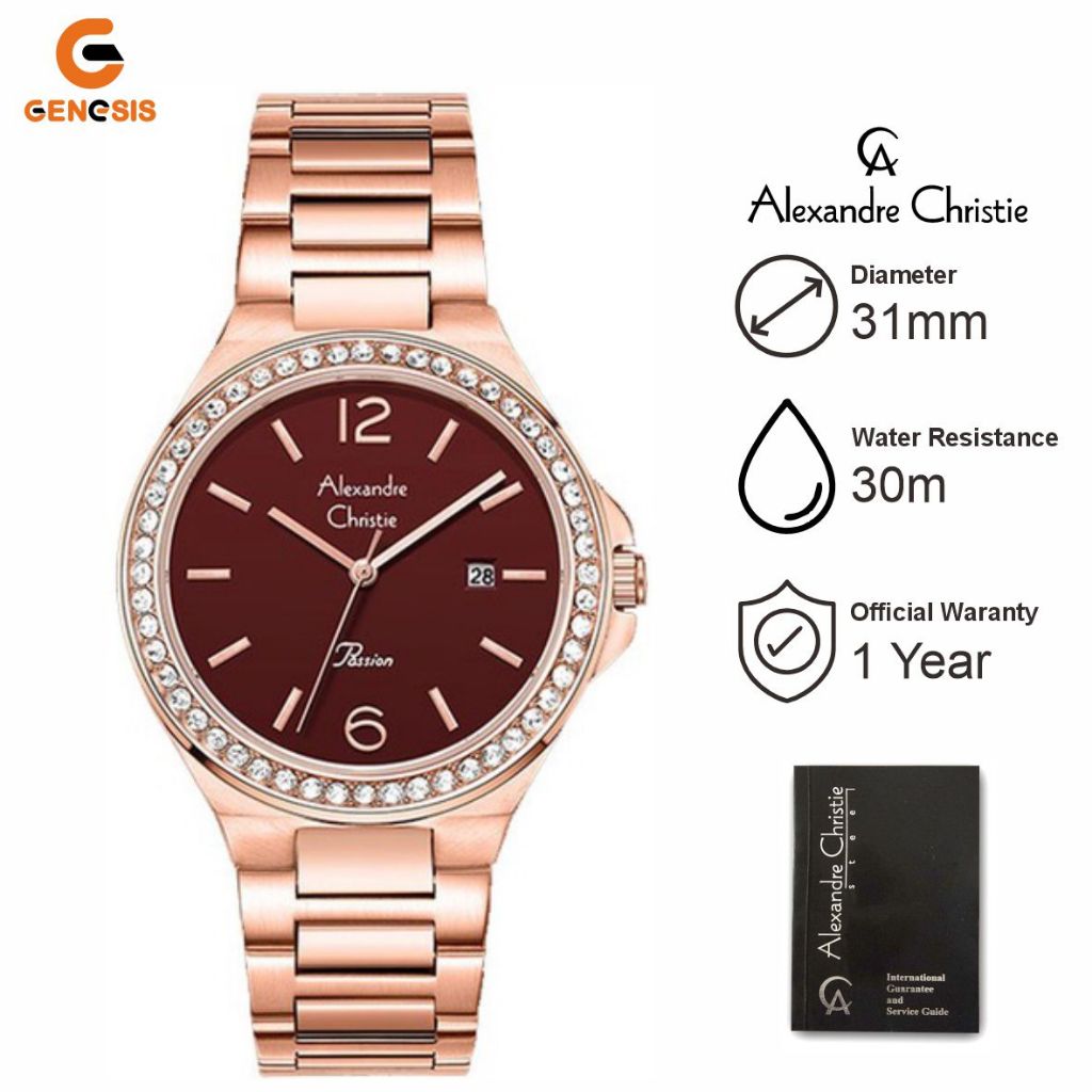 Jam Tangan Wanita Alexandre Christie Passion AC 2981 LD BRGRE Ladies Red Dial Rose Gold Stainless St