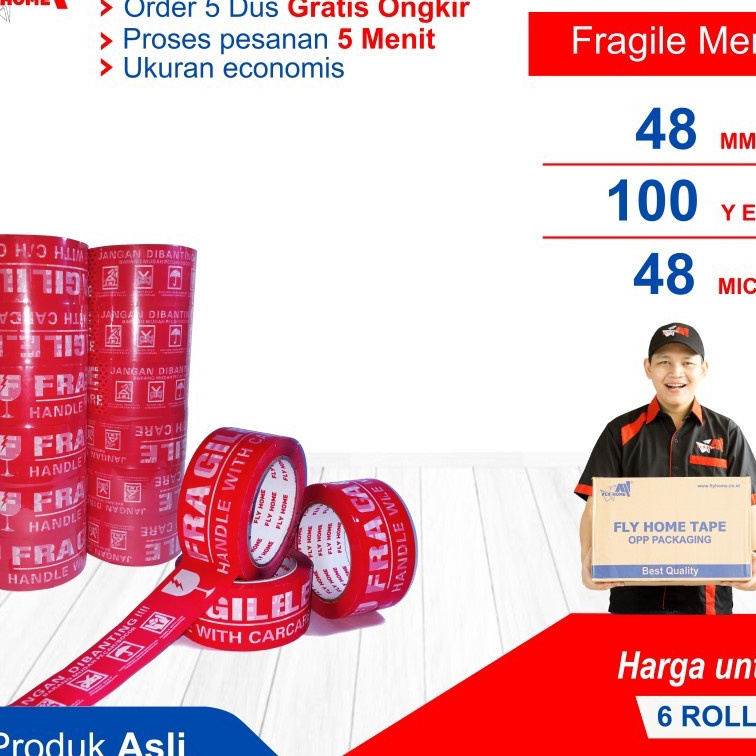 

Top FLYHOME Fragile merah 1yard 48mm x 1yard 2inchi 6 roll lakban Fragile 1 yard ECO