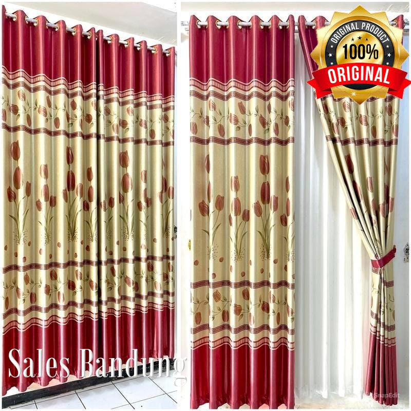 Hordeng Kamar Tidur Gorden Blackout Murah Motif Bunga Tulip Napoleon Merah