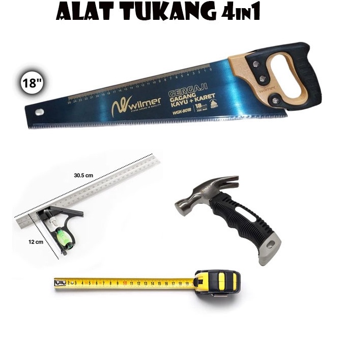 Sedang Promo  Paket Lengkap Alat Tukang 4in1 Gergaji Kayu Palu Kambing Cabut Paku Penggaris Siku Wat