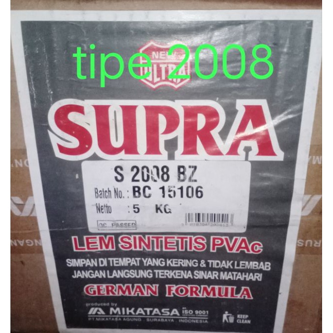 

Terbatas LEM PUTIH PVAC SUPRA 5 kg DARI MIKATASA TIPE 2 or lem kayu Supra