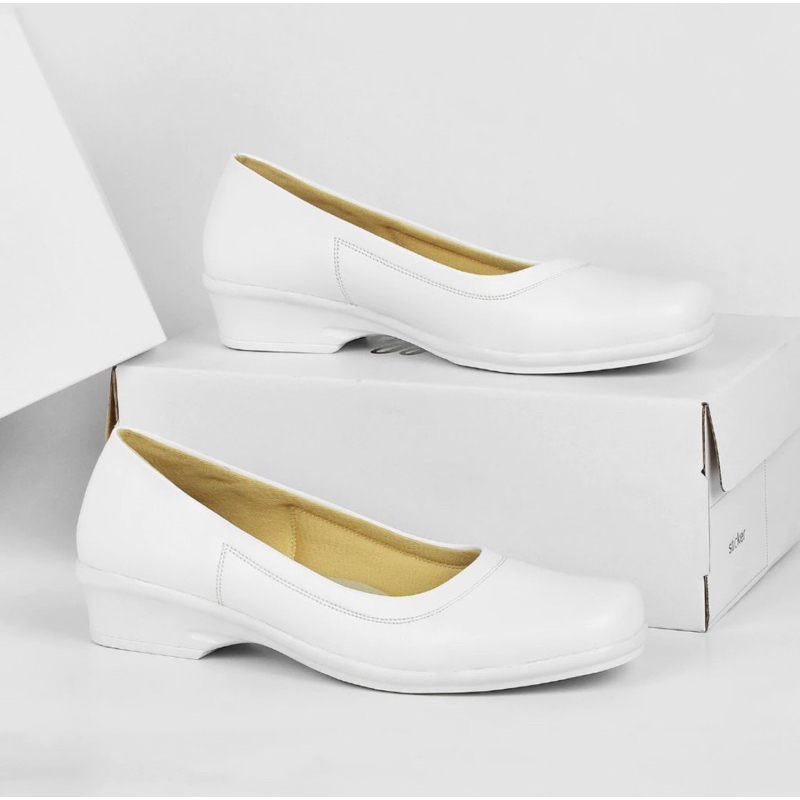 QNAR-Sepatu akper wanita putih hak 2cm.Sepatu pantofel wanita perawat putih hak 2cm