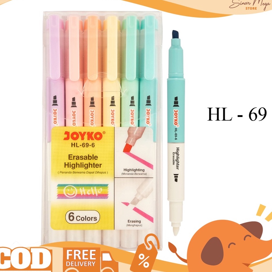 

KF7 Joyko HL696 Erasable Hhlhter 1 Set Isi 6Pcs Dual Tip Penanda Dapat Dihapus Lucu Unik