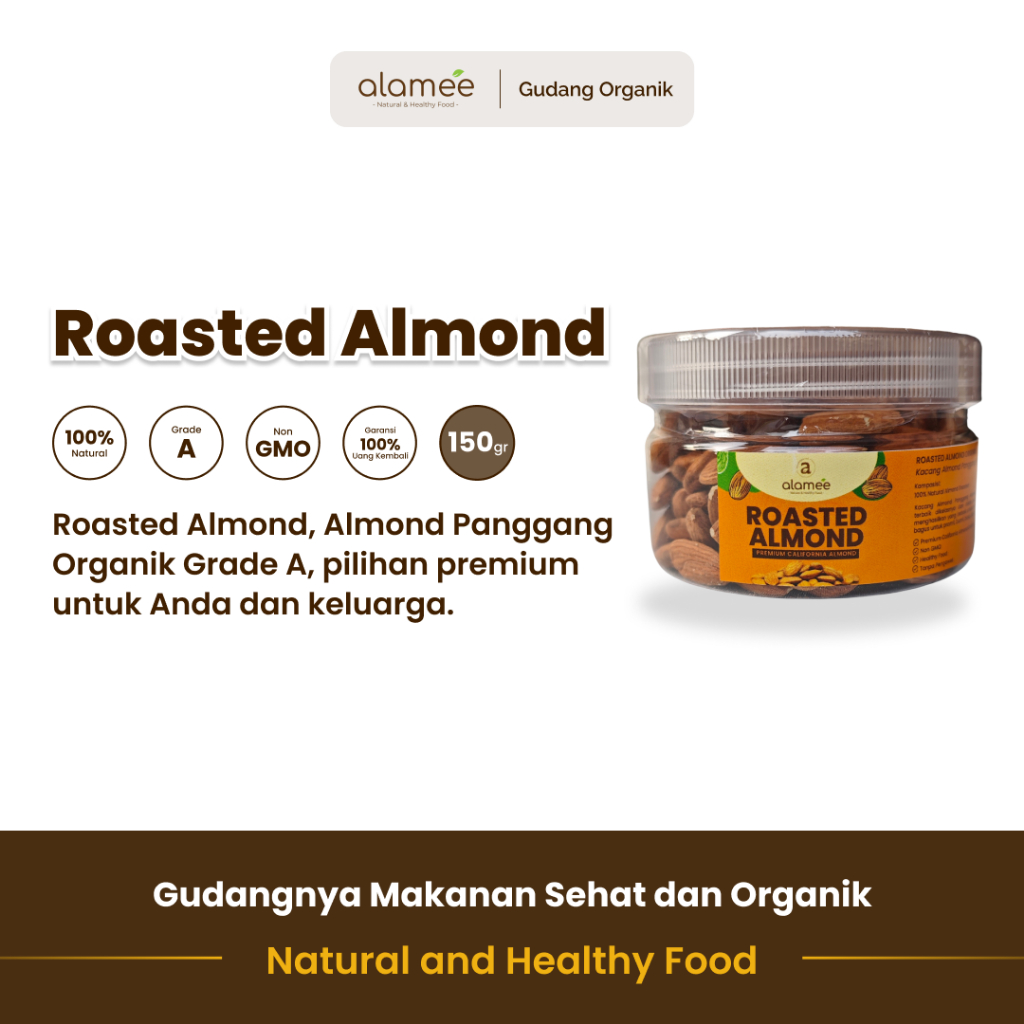 

ALAMEE Kacang Almond Panggang Roasted Matang Kupas Tawar Siap Makan 150gr