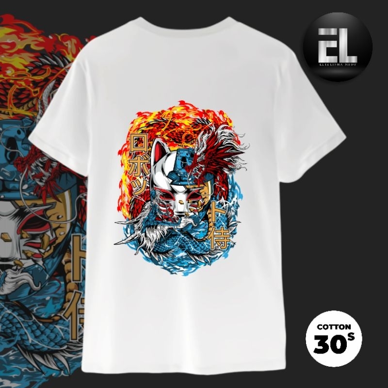 Baju T-Shirt Samurai mask  DRAGON Blue Red Cotton 30s Premium